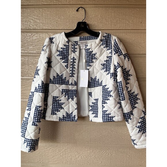 Caroline Constas women White & Navy Linen Blend Quilted Blazer Jacket size Small - Picture 3 of 6